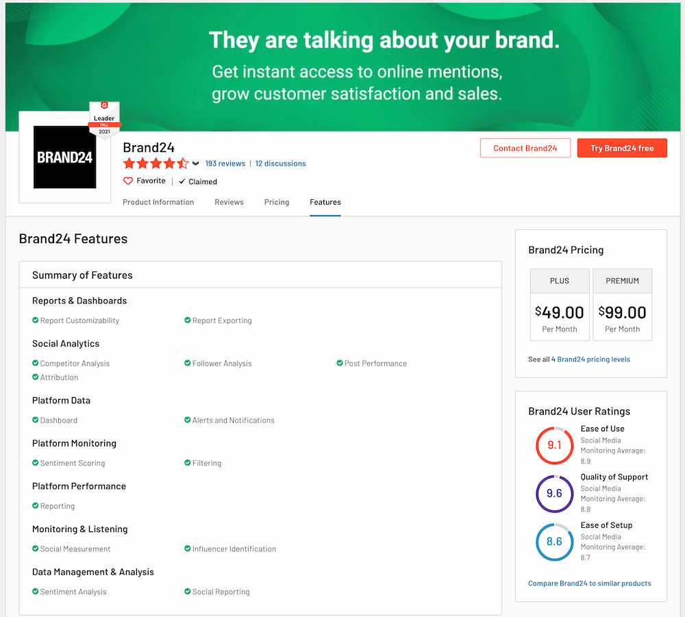 Brand24 - online brand monitoring tool. Screenshot of features page and reviews on G2.