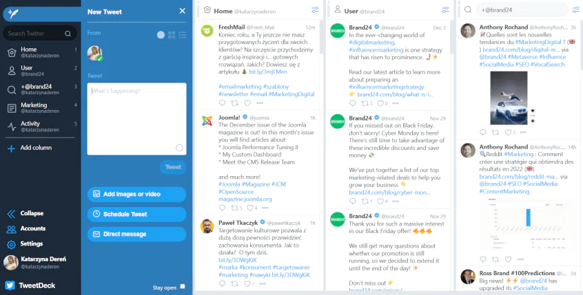 Tweetdeck - social media monitoring tool screenshot.