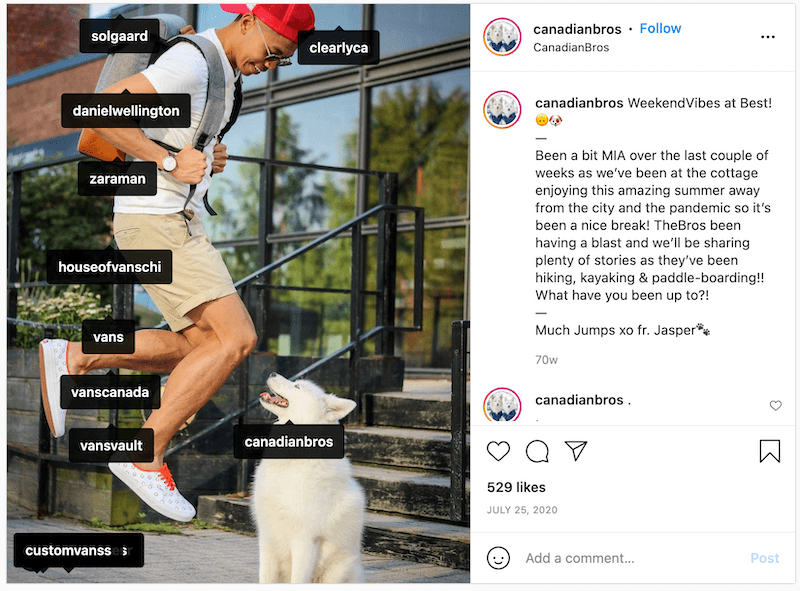 Instagram post screenshot showing influencer Canadian Bros with various brands tagged.