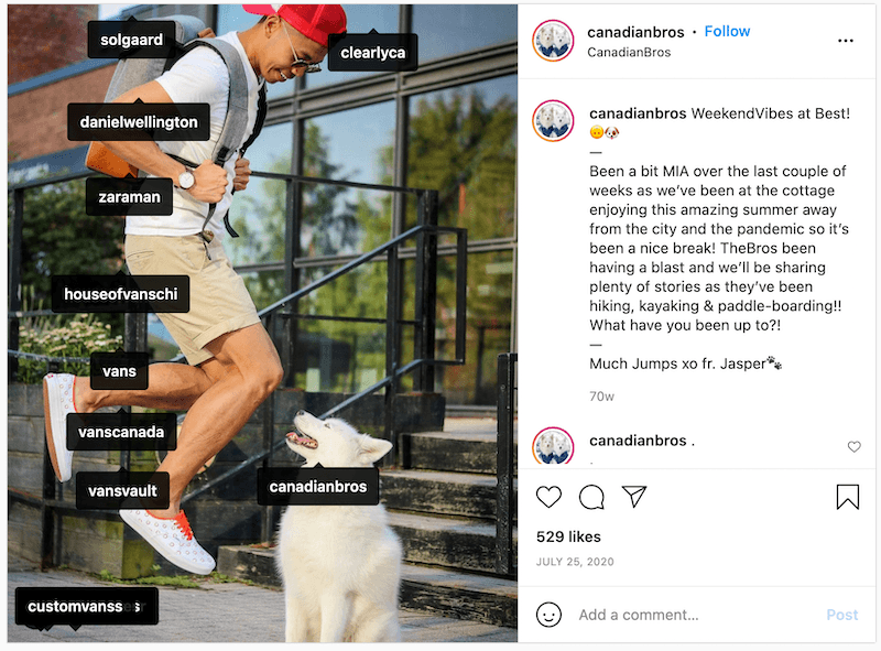 Captura de pantalla de una publicación de Instagram en la que aparece el influencer Canadian Bros con varias marcas etiquetadas.