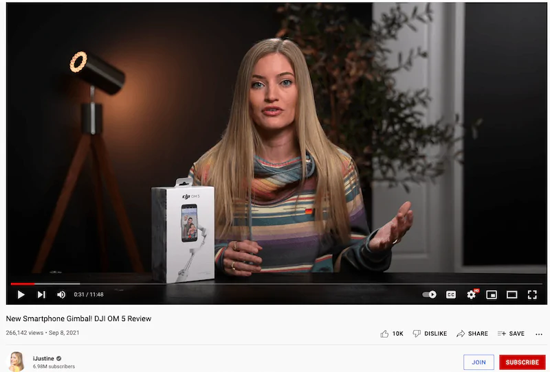 Opinión de iJustine sobre DJI OM 5 en YouTube.