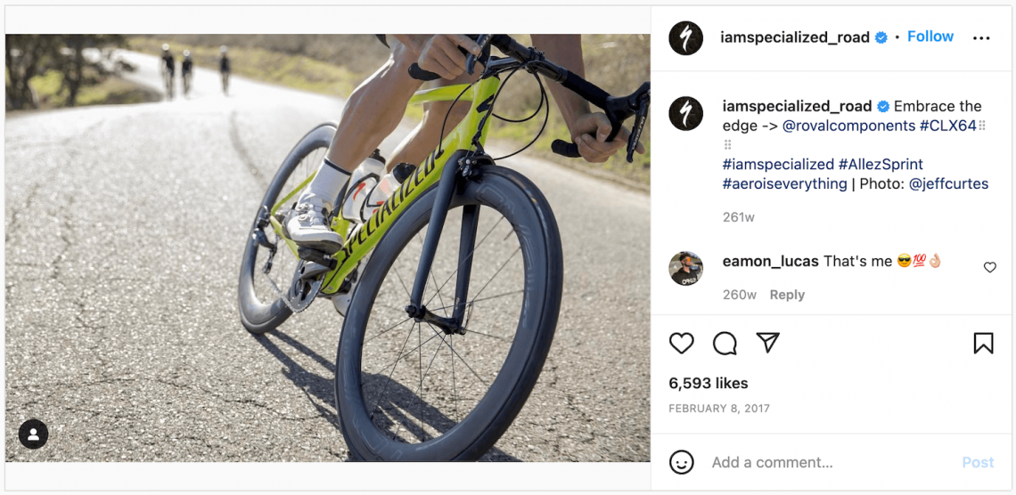 Screenshot of Specialized (bike manufacturer) Instagram post featuring branded hashtags.
