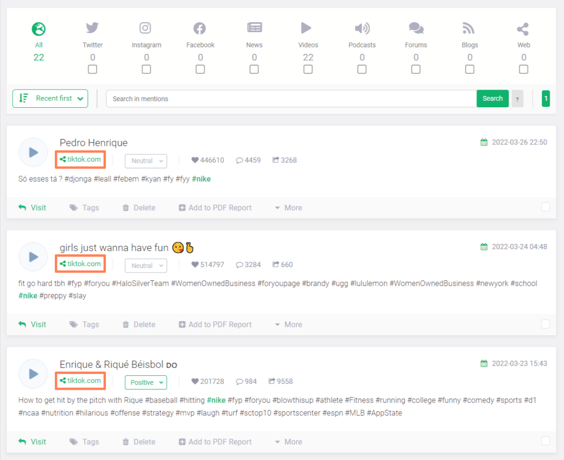 TikTok mentions detected by Brand24 tool