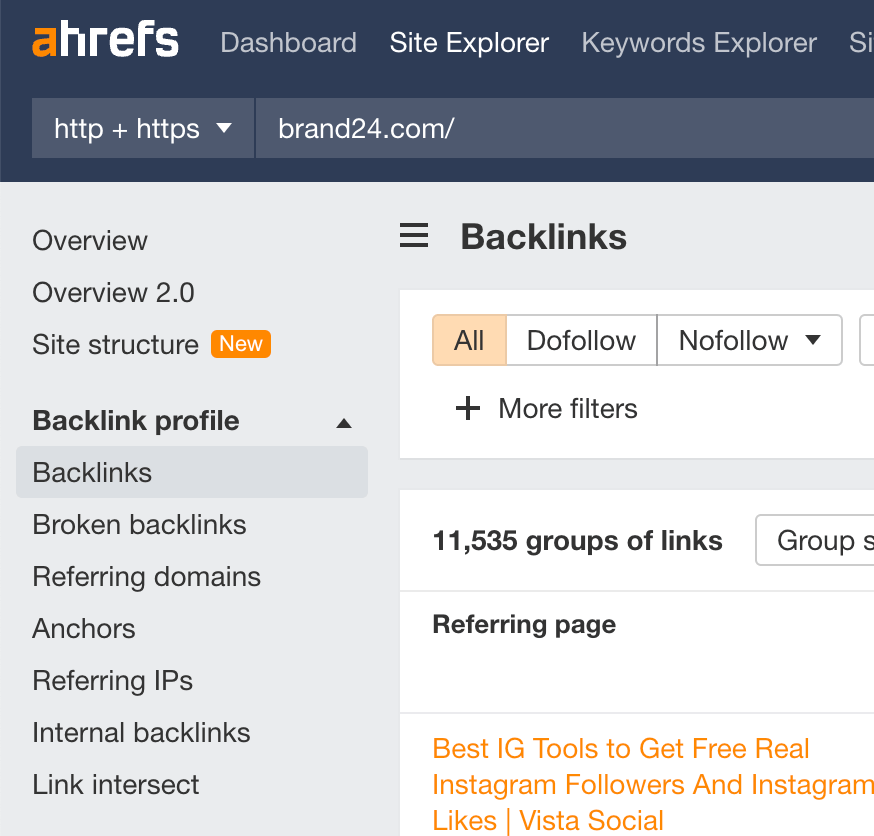Where to check your backlinks profile in Ahrefs site explorer.