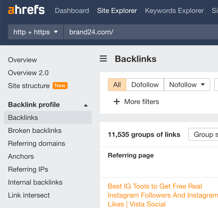 Donde comprobar tu perfil de backlinks en Ahrefs site explorer.