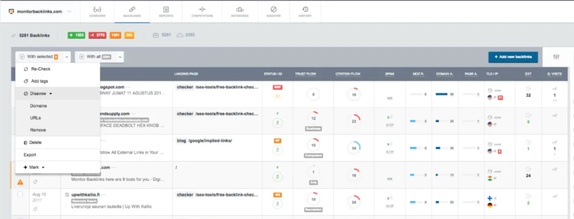 Herramienta disavow integrada en Monitor Backlinks.