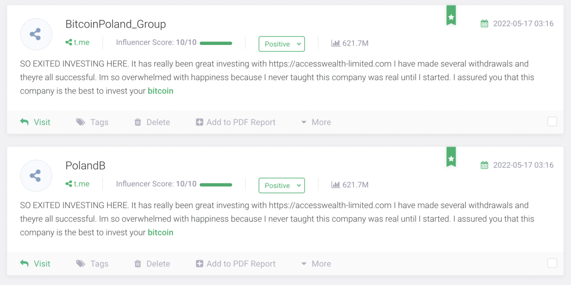 Screenshot of Brand24 Telegram tracker. Positive mentions for keyword "Bitcoin".
