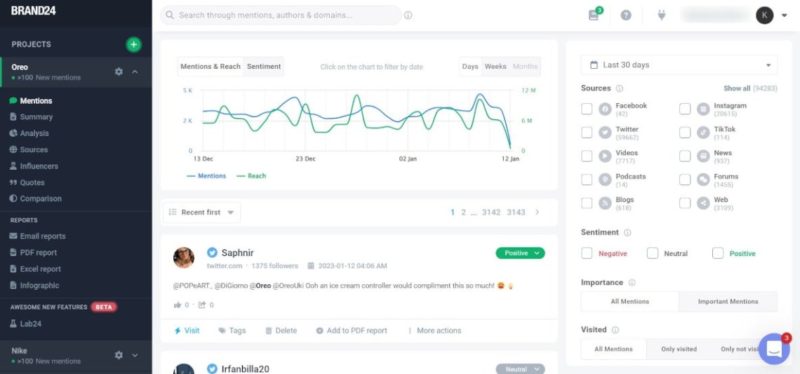 Brand24 - social media monitoring tool mentions tab screenshot.