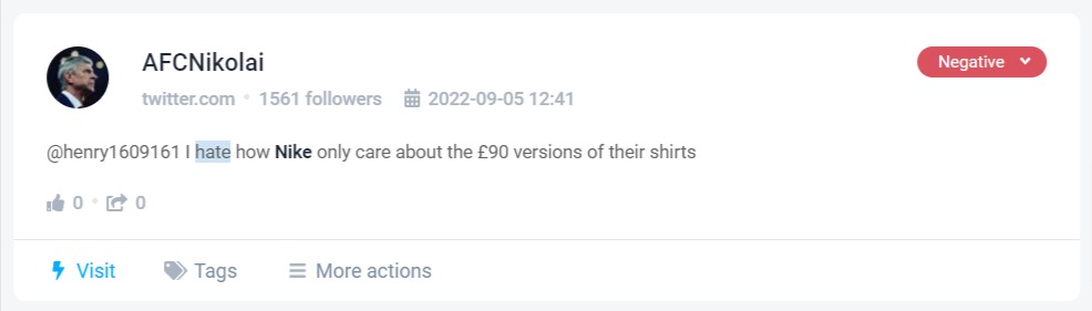 An example of social mention with negative sentiment detected by the Brand24 illustrating tool