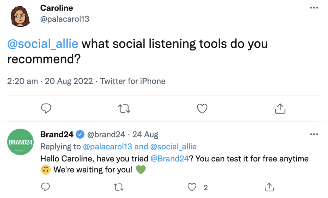 Social listening in practice: a screenshot of Twitter post asking for the best social listening tools