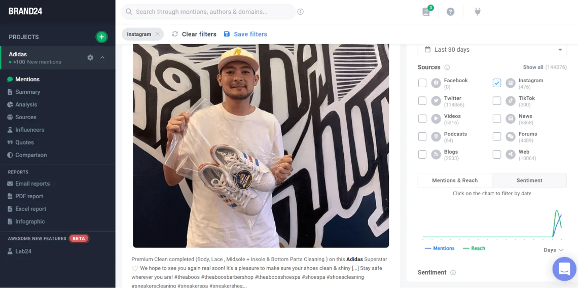Adidas positive mention in Brand24 dashboard
