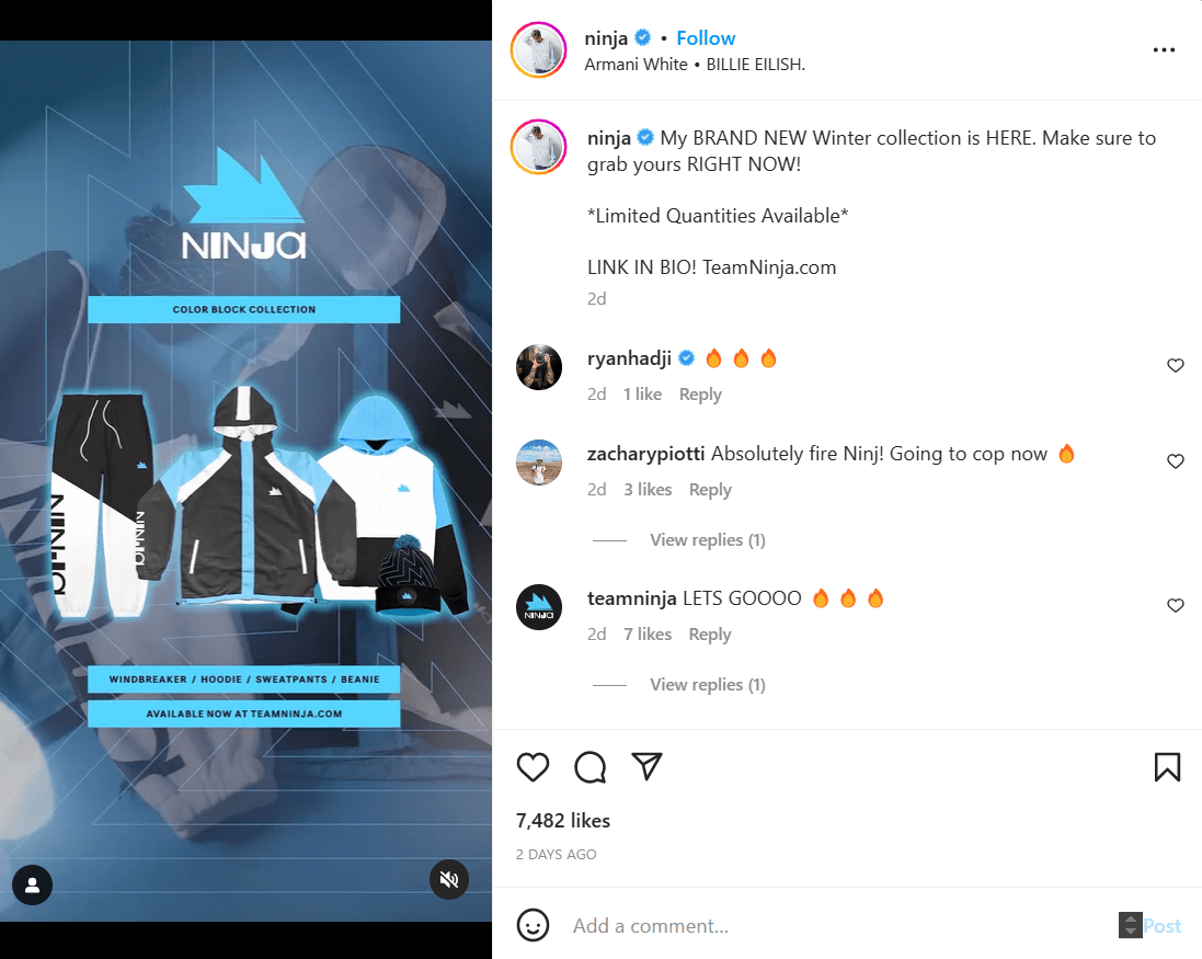 Instagram gaming influencer Ninja promoting his online shop