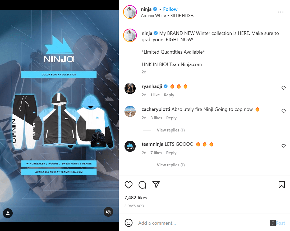 El influencer de videojuegos Ninja promociona su tienda online en Instagram