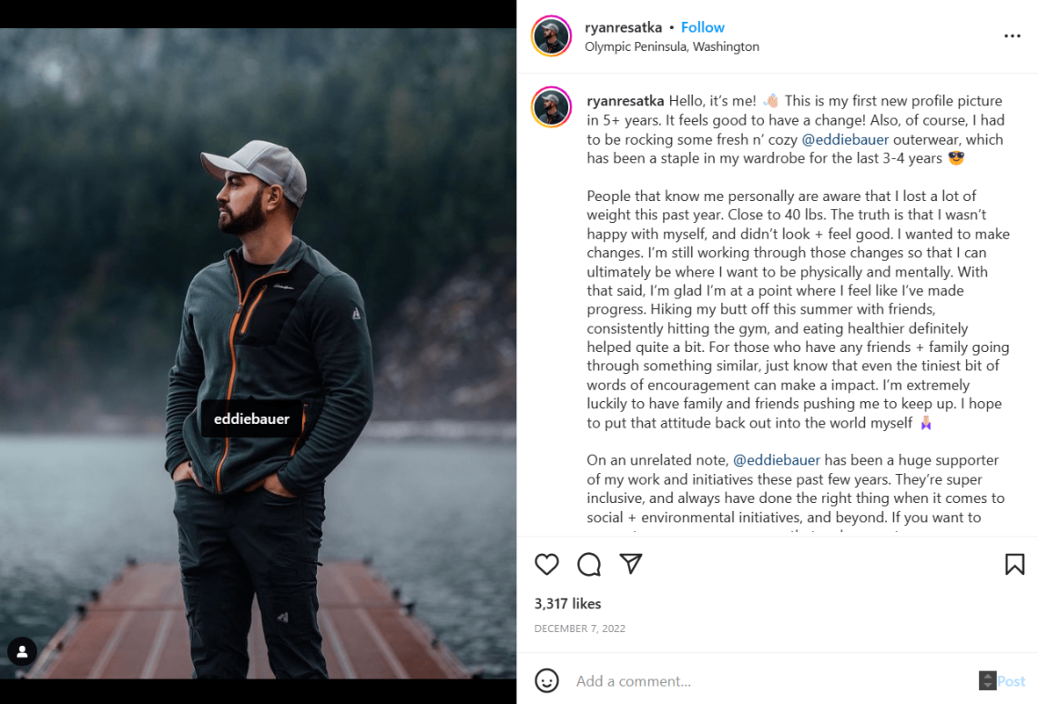 Ryan Resatka representing the brand Eddie Bauer on his Instagram