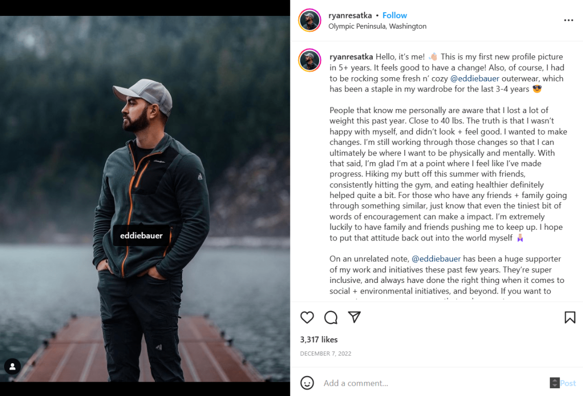 Ryan Resatka représentant la marque Eddie Bauer sur son Instagram