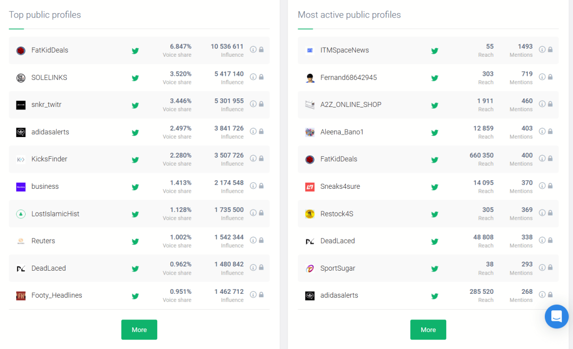 Top public profiles and Most active public profiles talking about Adidas detected by Brand24