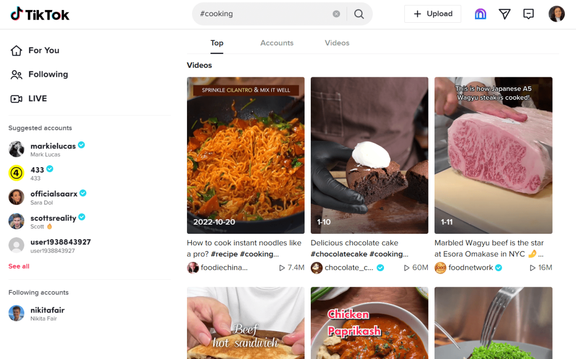 TikTok search for #cooking