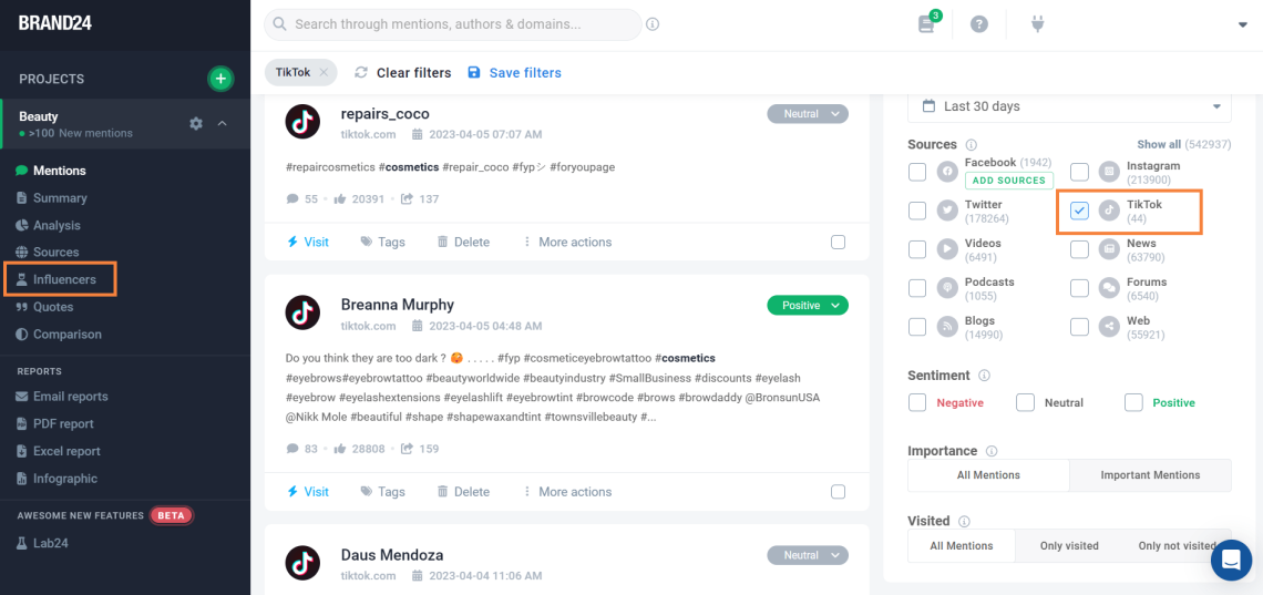 Brand24 dashboard with Influencer tab and TikTok monitoring option