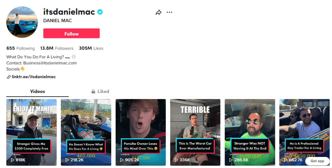 Example of eye-catching thumbnails - Daniel Mac on TikTok