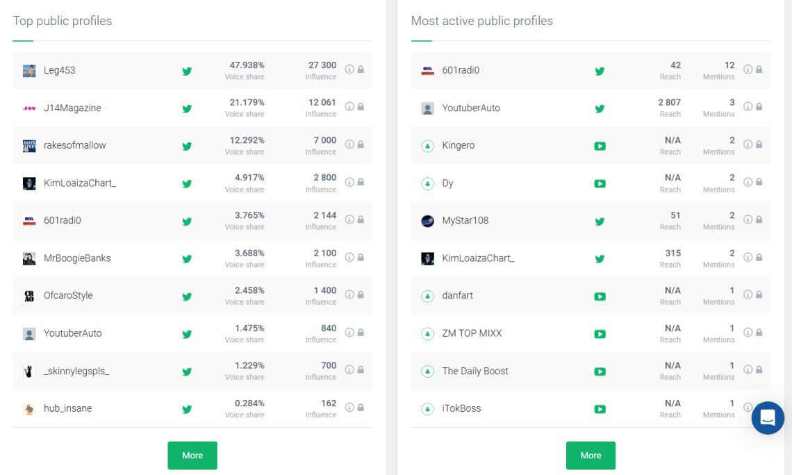 Top public profiles and Most active public profiles in the Brand24 dashboard