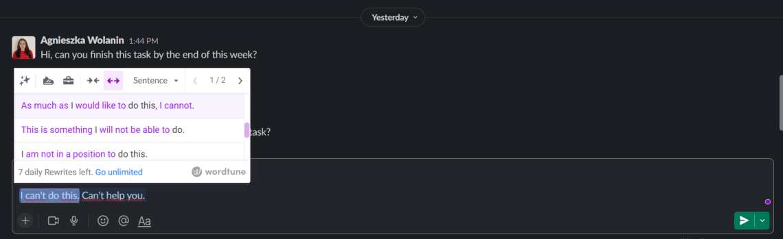 Use of Wordtune for Slack messaging 