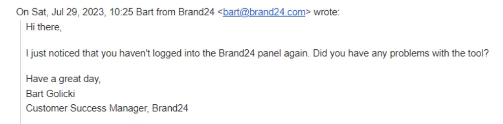 Feedback email from Brand24's Customer Success Team