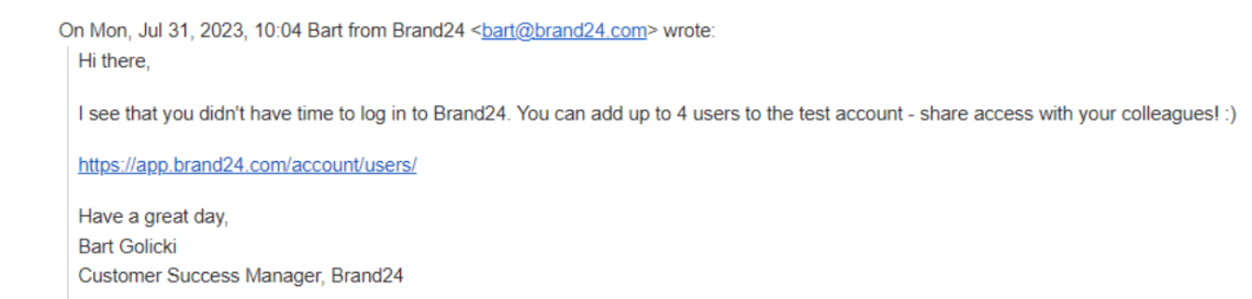 Email from Brand24's Customer Success Team