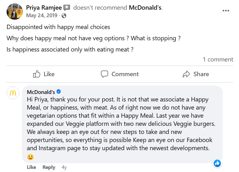 Revisión de McDonald's con la respuesta de la empresa