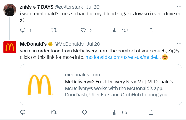 McDonald's answer to customer's tweet