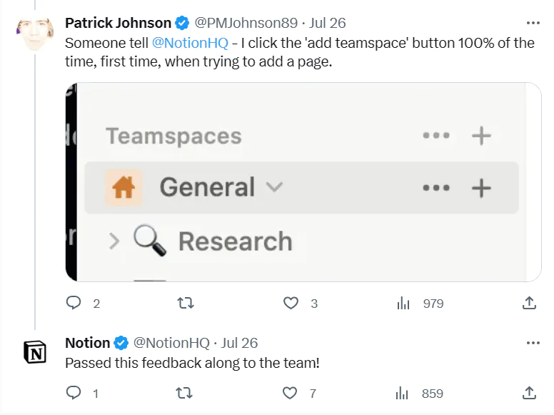 Notion: collecting feedback on Twitter