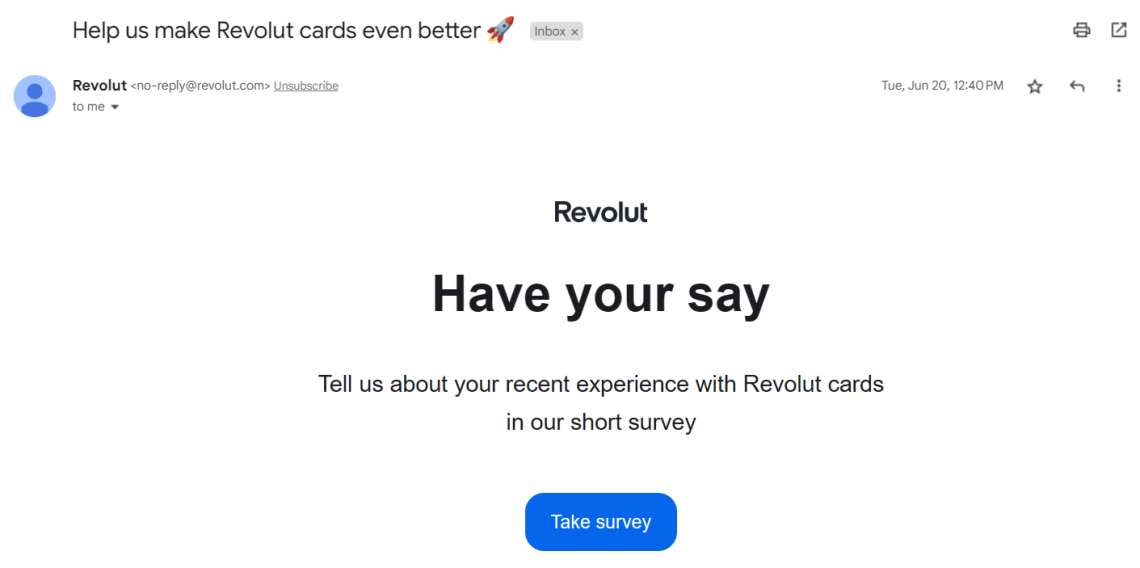 Revolut: breve encuesta enviada por correo electrónico