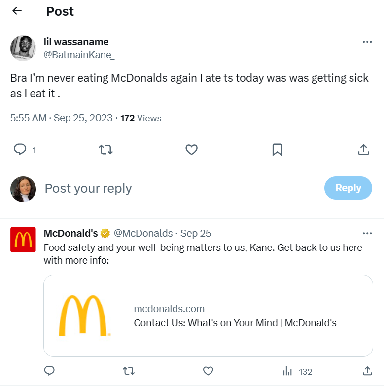 McDonald's replying to their negative mention