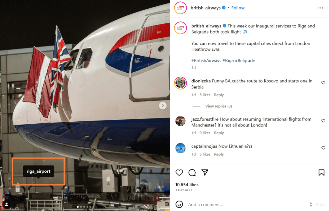 British Airways etiquetando al aeropuerto de Riga en su post