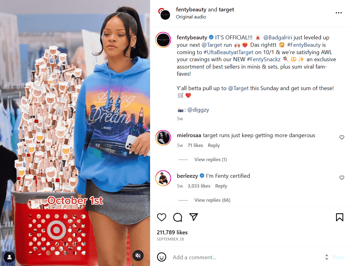 Colaboración entre Fenty Beauty y Target en Instagram
