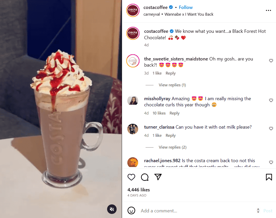 Costa caffe using emojis on Instagram