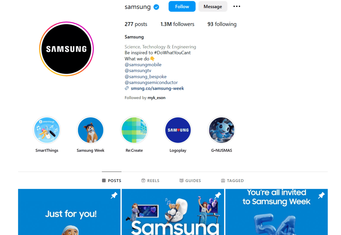 Samsung utiliza etiquetas en su biografía de Instagram