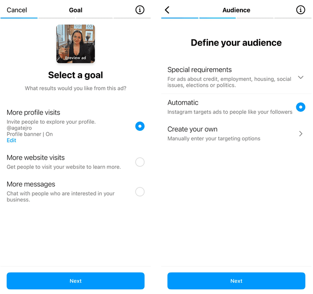 Setting up an Instagram ad