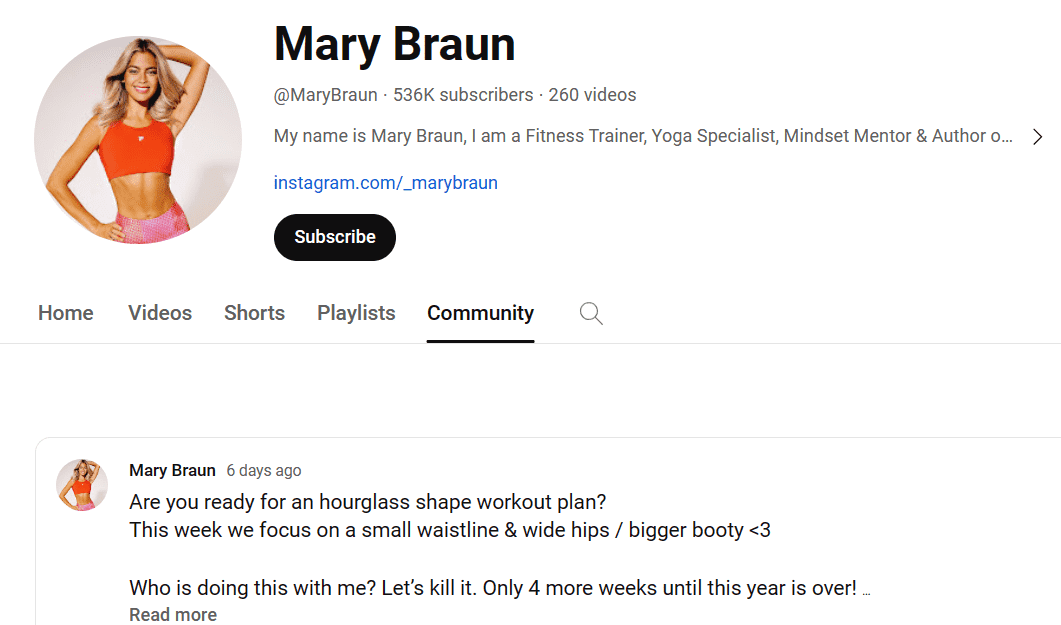 Ficha de Mary Braun en la comunidad de YouTube