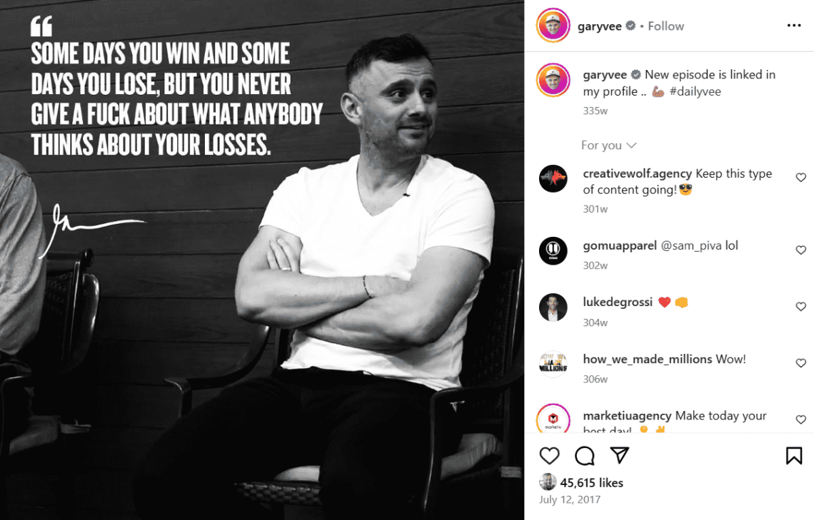 Gary Vee promocionando su vídeo de YouTube en Instagram