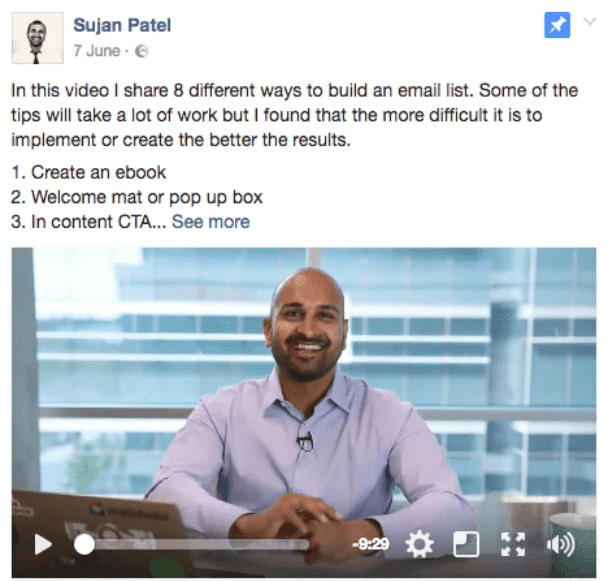 Sujan Patel promocionando su vídeo de YouTube en Facebook