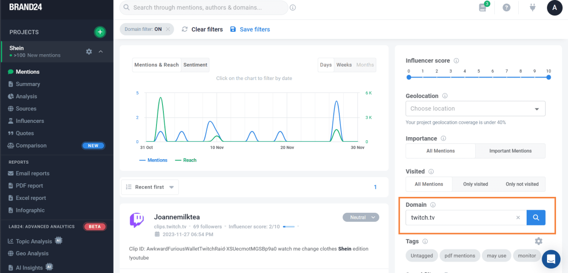 Brand24: Domain filter allowing Twitch monitoring