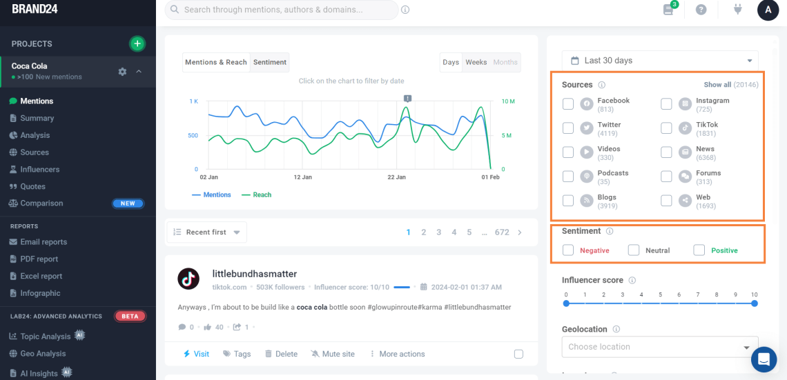 Source and sentiment filtering in the Brand24 dashboard