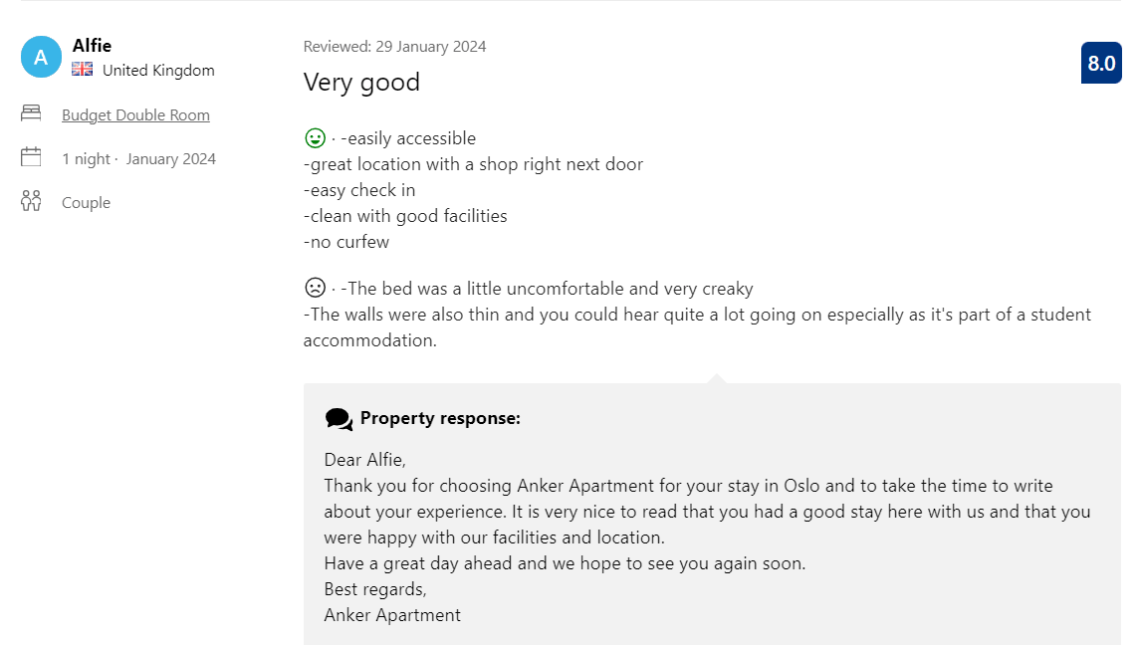 Review of a hotel on Booking.com