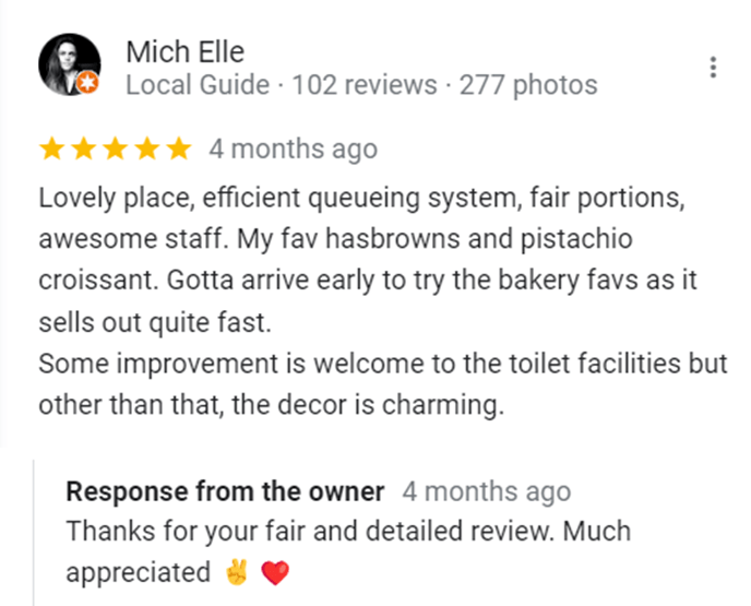 Company responding to a good review