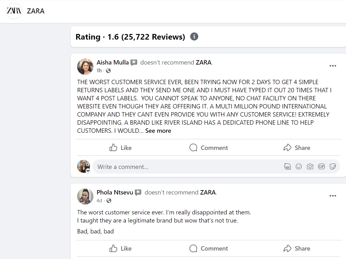 Negative Zara reviews on the company's Facebook profile