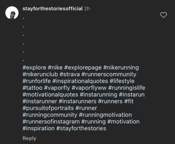 Example of Instagram hashtags in the comments