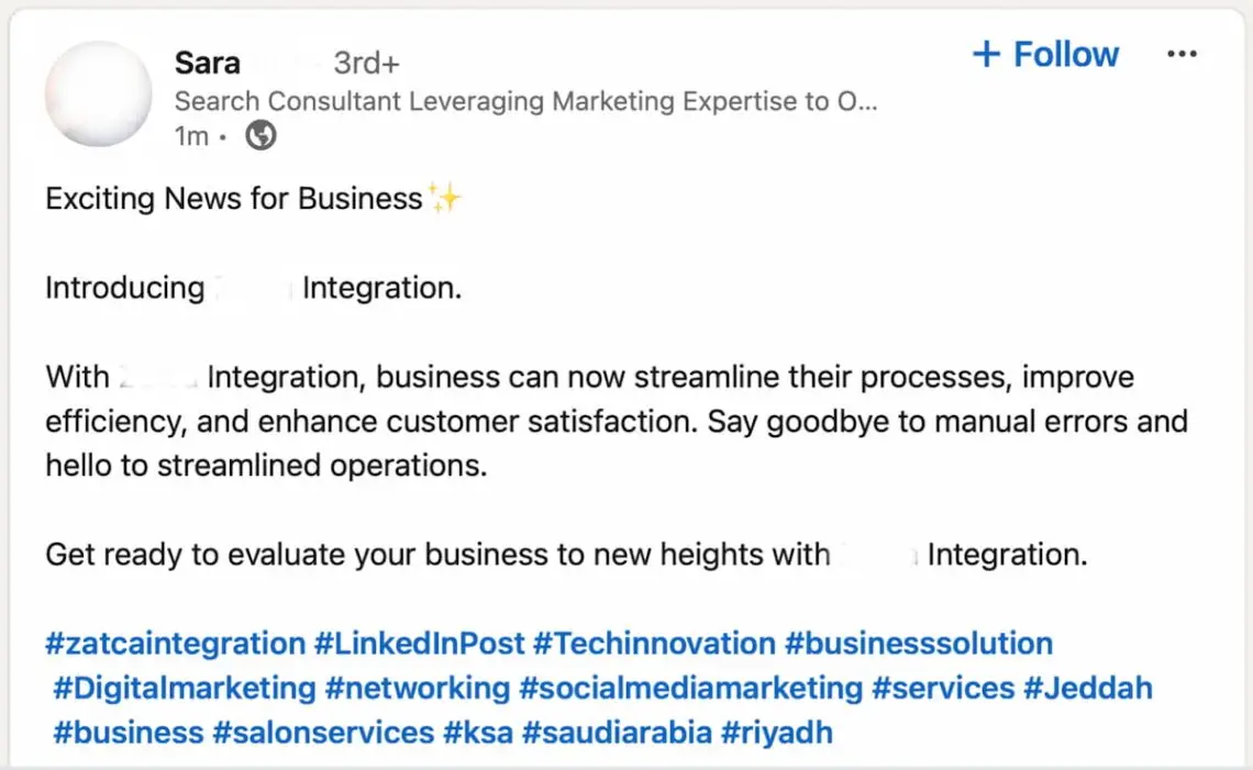 linkedin post with excessive hashtags