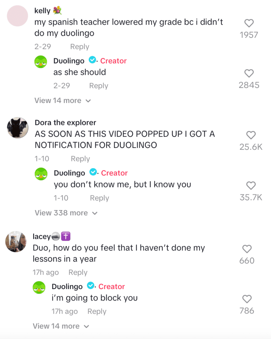 Duolingo responde a los comentarios en TikTok