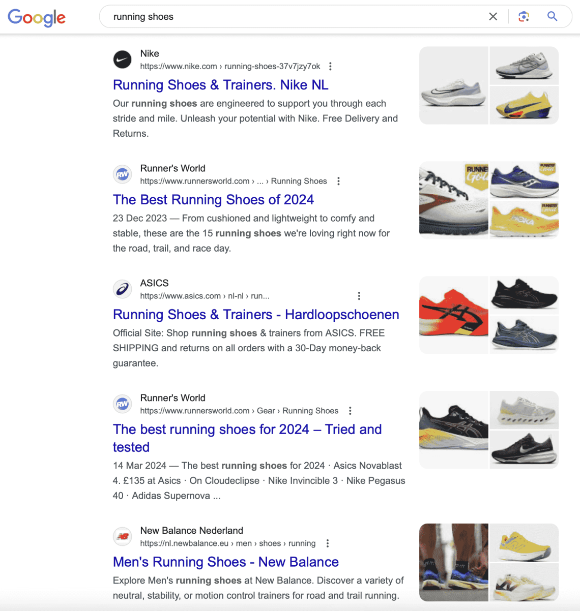 Running shoes search in Google: online visibility of brands in Google