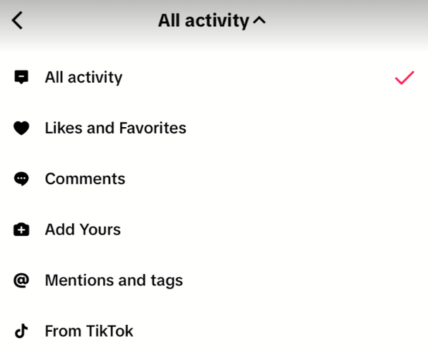 Notifications filtering option in TikTok